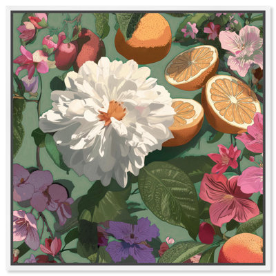 «Blooming Flowers and Citrus Green», reproduction d'art sur toile par Art Remedy, cadre blanc, 12 x 12