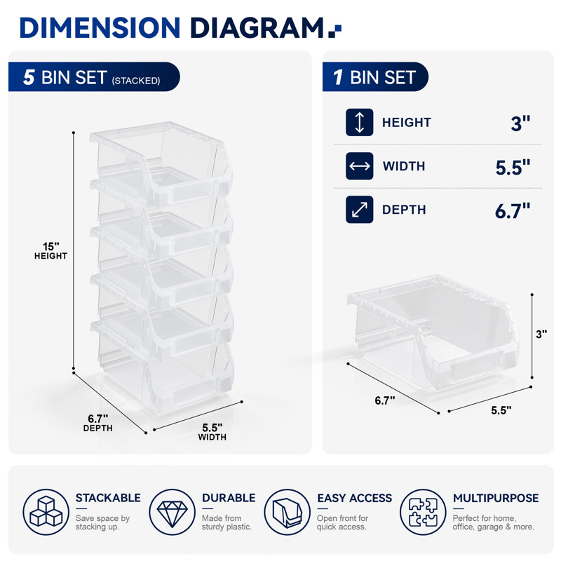 Sorbus 5 Pack Small Open Front Stackable Garage Storage Bin – Heavy Duty Plastic Organizer Tote for Tools, Hardware & Shelving