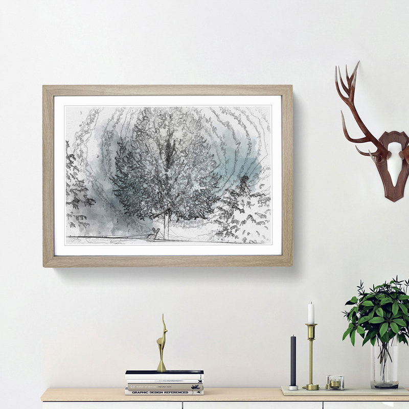 Hare in a Winter Forest in Abstract - Picture Frame Graphic Art Print, 36cm H x 48cm W x 2cm D, Oak Framed