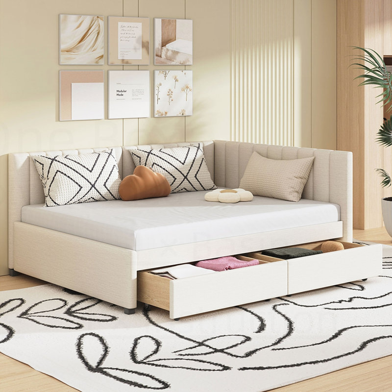 Upholstered Daybed with 2 Storage Drawers, Linen Fabric Sofa Bed Frame, No Box Spring Needed, Durable and Stylish, Beige