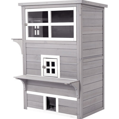 Outdoor Kitten , 3-story Cat House Grey, With Raised Floor, Escape Doors & Captivate Jumping Platforms