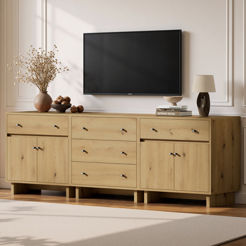 Ensemble de rangement modulaire Almaguer 3 pièces avec 5 tiroirs, 4 portes, tablettes réglables et fini chêne naturel.