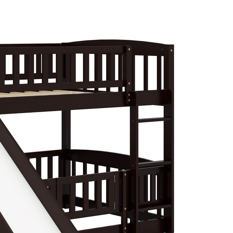 Twin Over Twin Bunk Bed With Fence,Ladder And Slide, Espresso