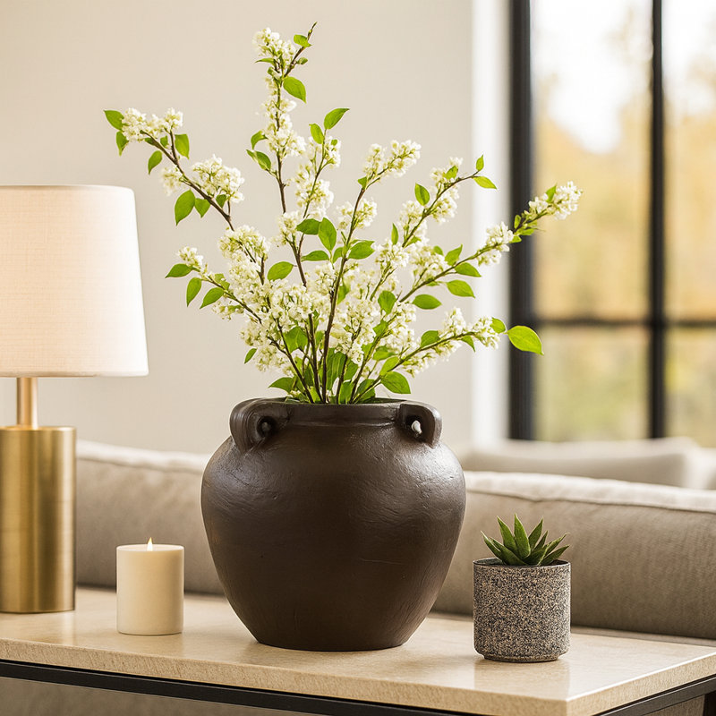 Rustic Heritage Table Vase For Home Decor - Elegant Tall Vase With Textured Finsh And Handles - Decorative Flower Vases Accent - Brown
