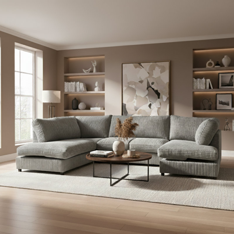 5 Seater Corduroy Corner Sofa , Grey