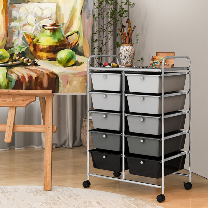 Nally 10 Drawer Storage Drawer with Locking Wheels, Grey/Silver