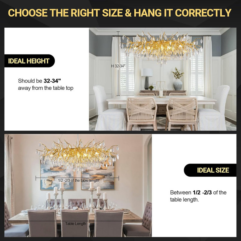 Modern Gold Crystal Pendant Branch Chandelier, 47.2 Inch Rectangular Metal Frame Pendant Lighting, Gold, 13-Lights