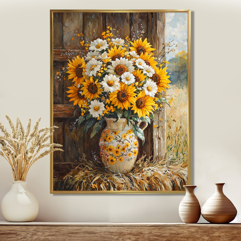 Donie tournesol et bouquet de pivoines à la ferme I - tournesols, art mural, H 20 po x l 12 po, Doré