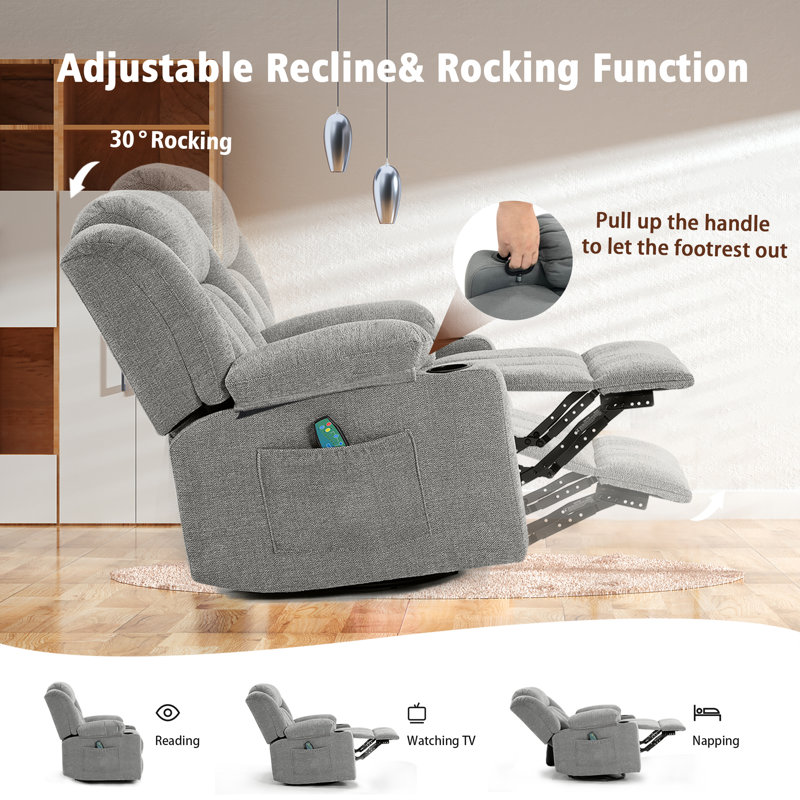 Latitude Run® Rocker Swivel Recliner Chair for Adults with Massage and Heat, Limestone Fabric