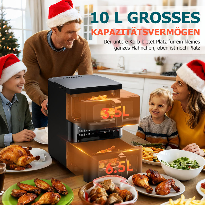 11QT Double Basket Air Fryer, 10-in-1 Functions, Air Frying, Baking, Dehydrating & Warming , Non-stick Coating, LED Touch Screen, Silent Operation.