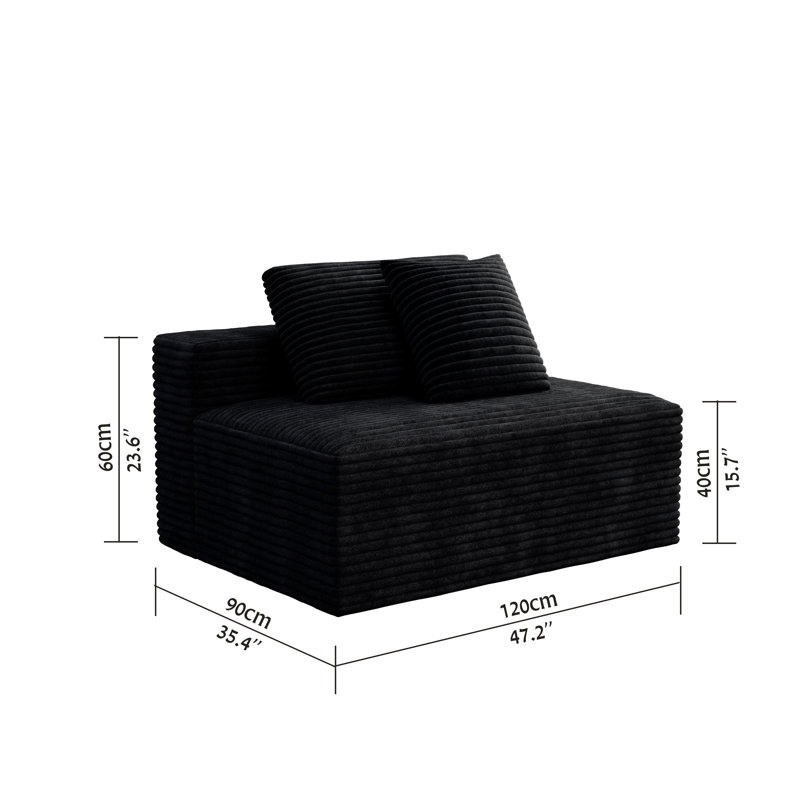 Canapé modulaire moderne noir avec méridienne réversible - Canapé 2 places en velours côtelé moelleux pour le salon