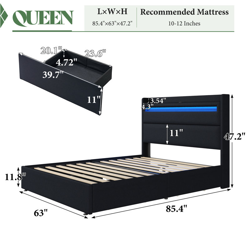 Berneil Upholstered Bed Frame with RGBW LED Lights Headboard & 4 Storage Drawers
