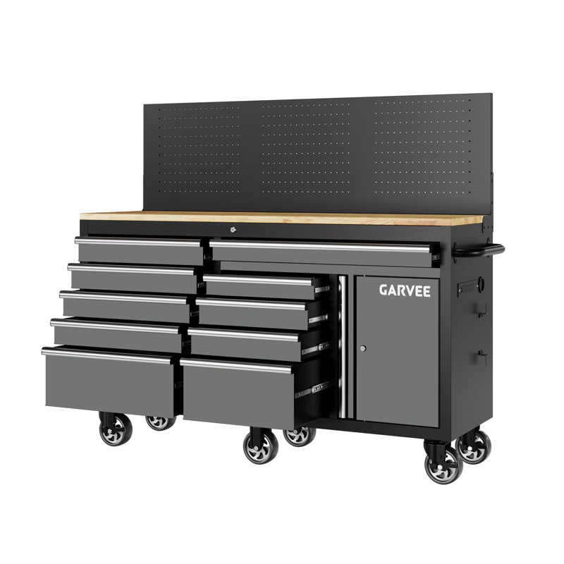 Établi avec coffre à outils roulant de 60 pouces, boîte à outils à 10 tiroirs avec panneau perforé et serrure, armoire à outils de garage mobile avec station de charge, établi robuste pour atelier, gris