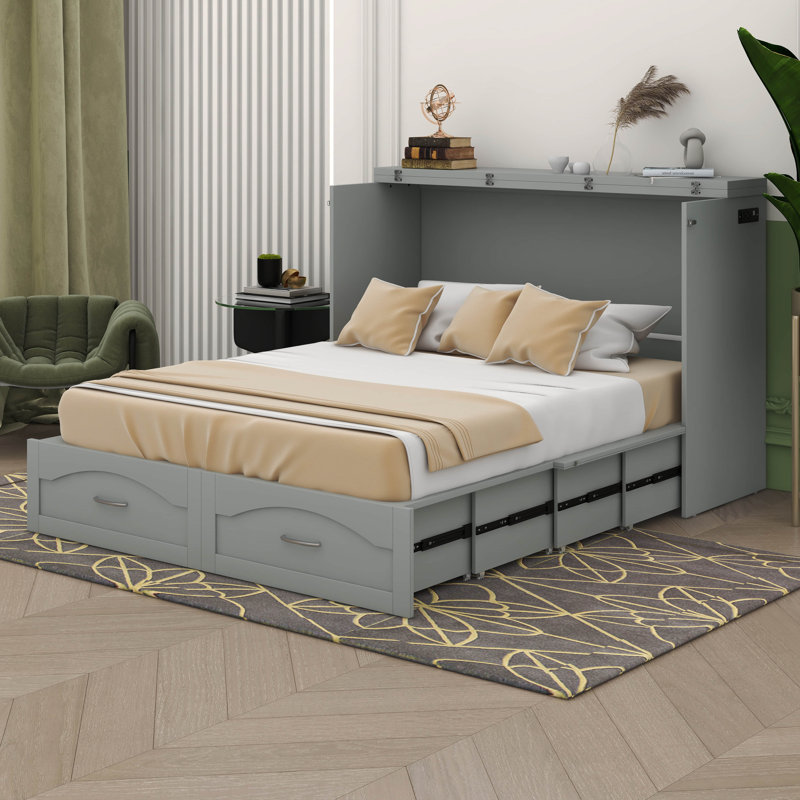 Samih Murphy Bed Cabinet with Outlets with Drawer, Queen, Gray