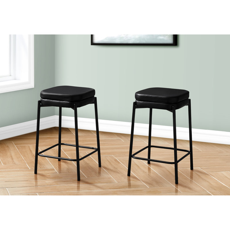 Contemporary Counter Height Of 2 With Black Leather Look Fabric For Kitchen Upholstered In Comfortable Cushions And Footrest Dining Setup Space