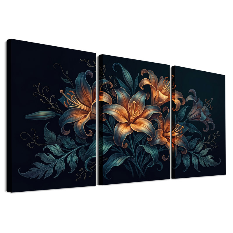 Ensemble de 3 toiles orange et sarcelle avec feuillage, 36"H x 24"W x 3pcs