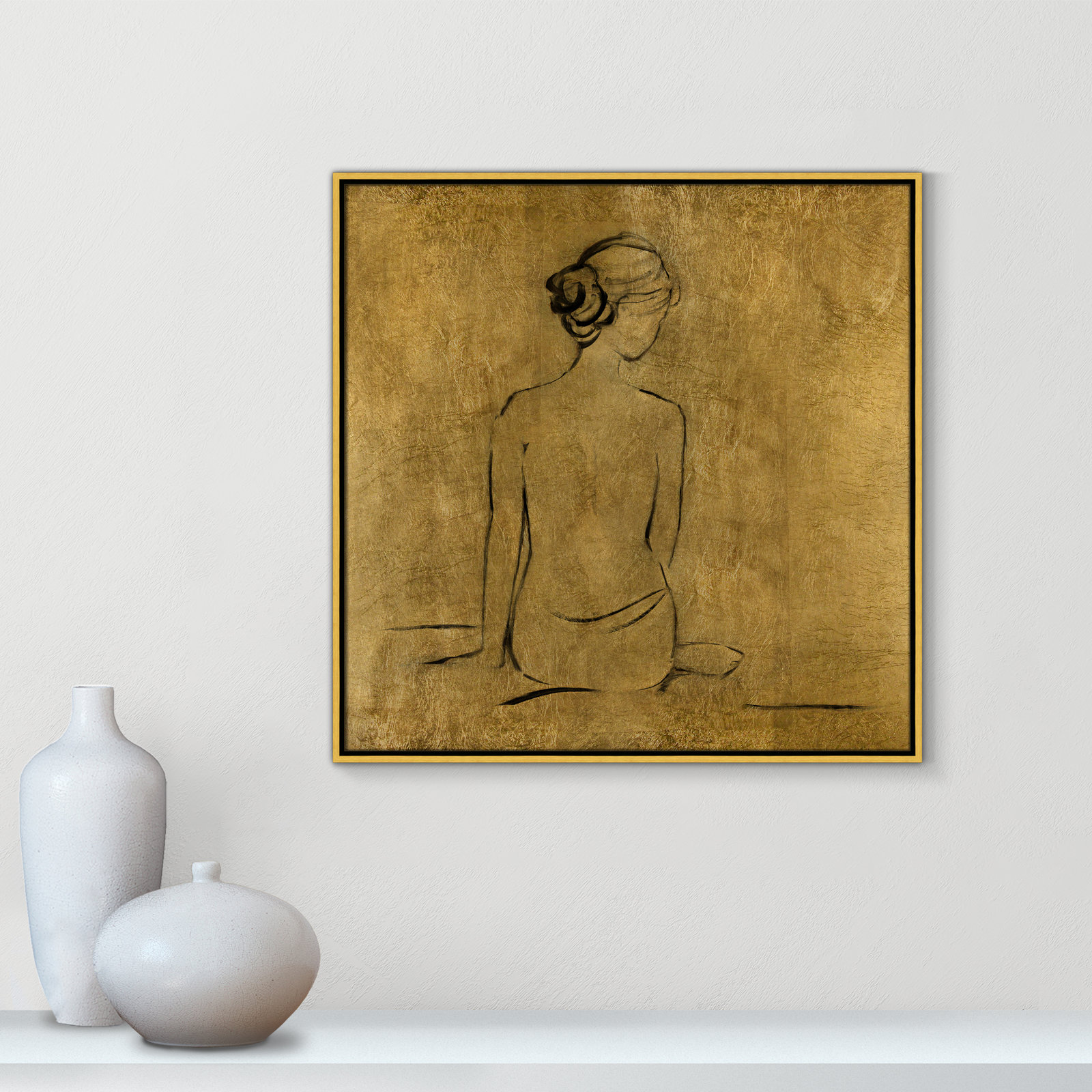 Golden Bather I by Sally Swatland - Painting Print, 31.5" H x 31.5" W x 2" D, Gold Framed Canvas