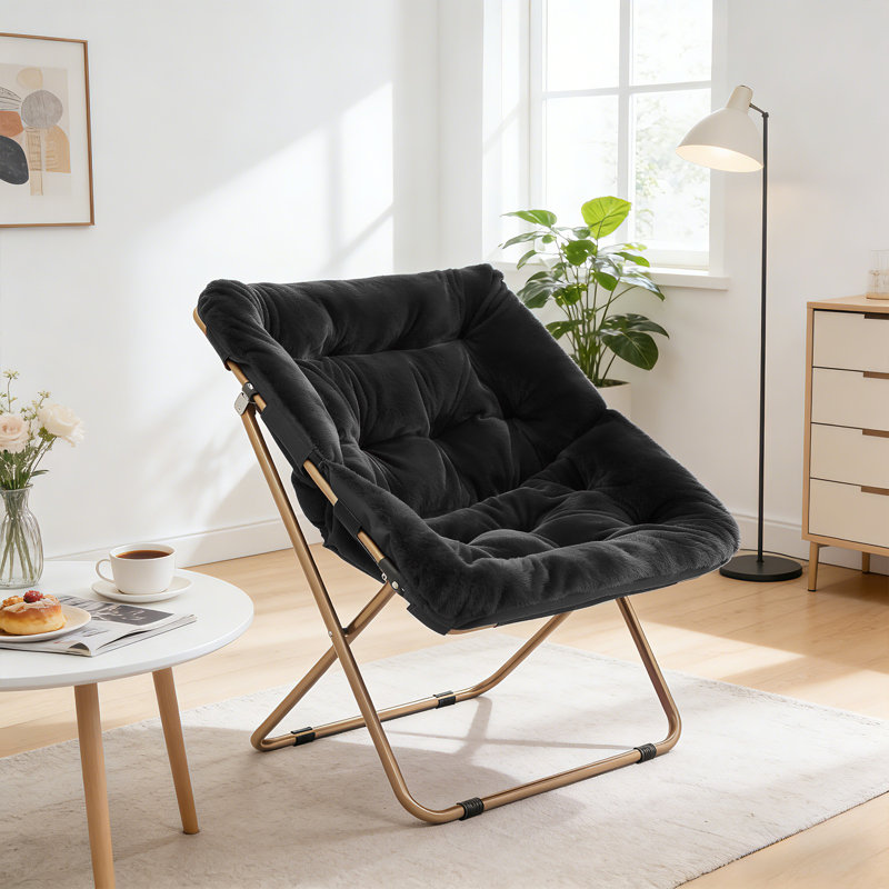 Square Faux Fur Saucer Chair With Metal Frame Foldable Comfy Accent Chair For Bedroom, Living Room & Reading Nook, Black