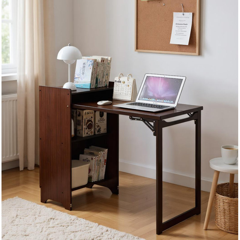 Bamboo Folding Desk, Foldable Desk For Small Space, Computer Desk With Hidden Storage And Built-In Socket, Mid Century Foldable Table For Home Office And Bedroom (Walnut Brown) ( Prime Big Deal Days )