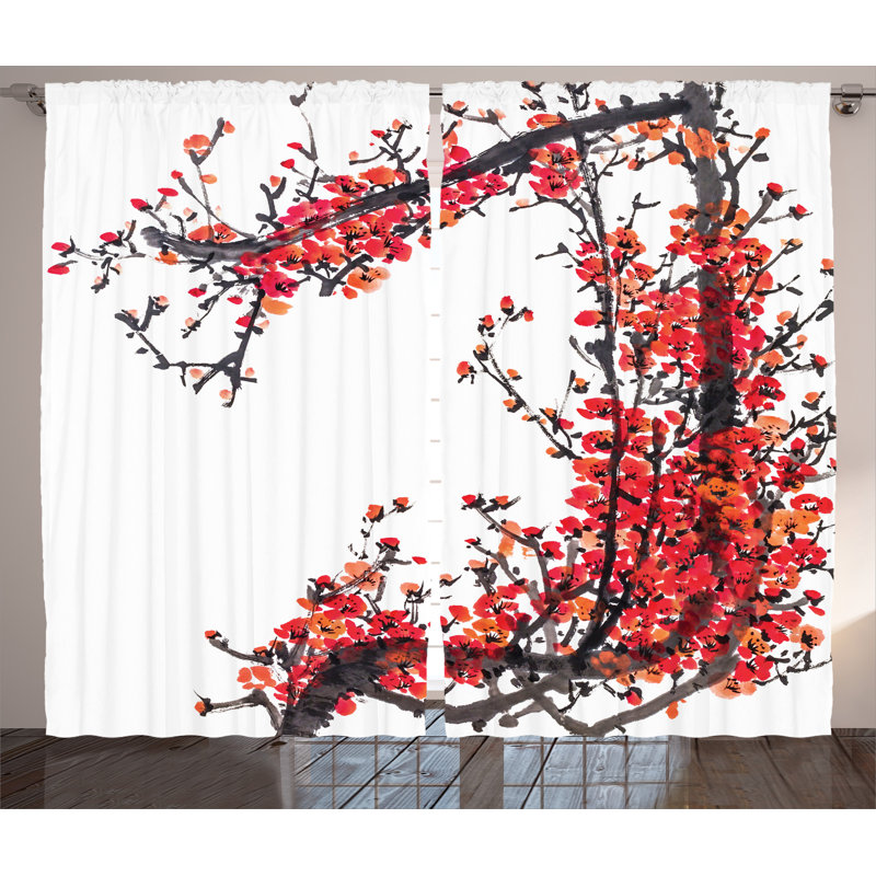 Sakura Branch Graphic Print Semi-Sheer Rod Pocket Curtain Panels, 54" W x 84" L