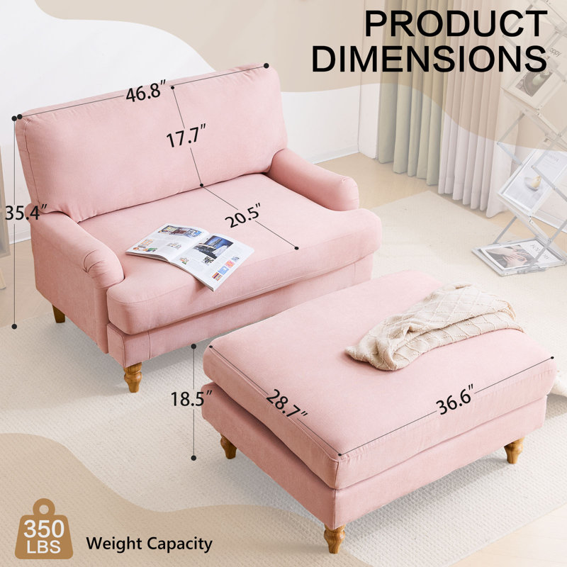 47" Upholstered Accent Chair With Ottoman,, Pink Foam Padding