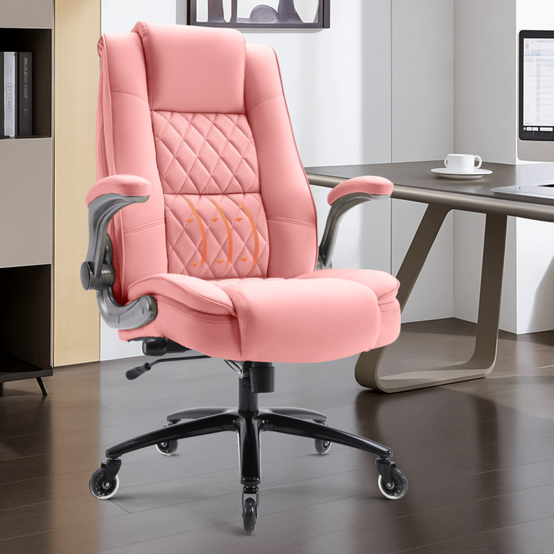 Modern Leather Executive Office Chair With Flip-Up Armrests And Adjustable Lumbar Support, Pink