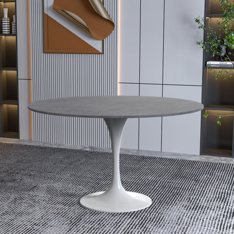 Heatherton Round Dining Table with Sintered Stone Top and White Steel Pedestal Base Kitchen Table Seats 2-4 Person, Gray