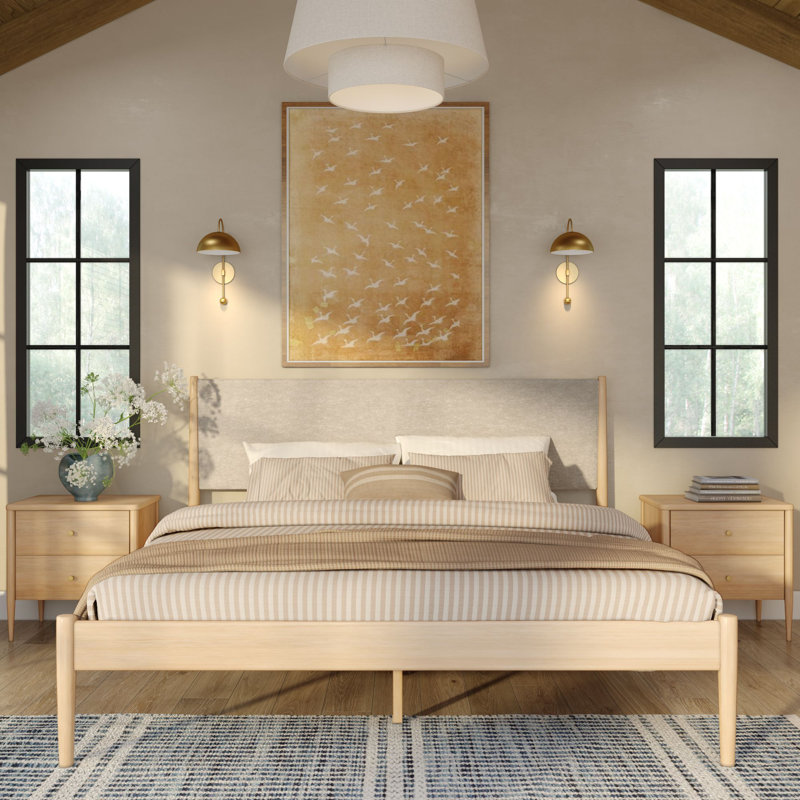 Harbor King Bed with Upholstered Headboard, Blonde/Swiss Coffee, Blonde, King