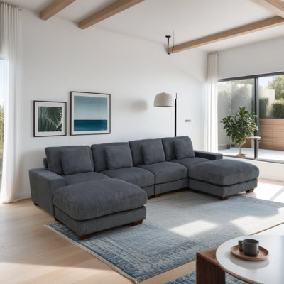 Sydnea 6-Piece 123" Wide Premium Corduroy Reversible Living Room Modular Sectional Sofa with Ottoman