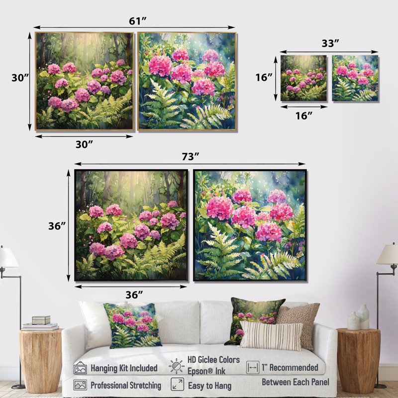 Hortensias tropicaux dans la forêt de fougères I - art mural hortensia - décoration murale traditionnelle 2 pièces, Cream