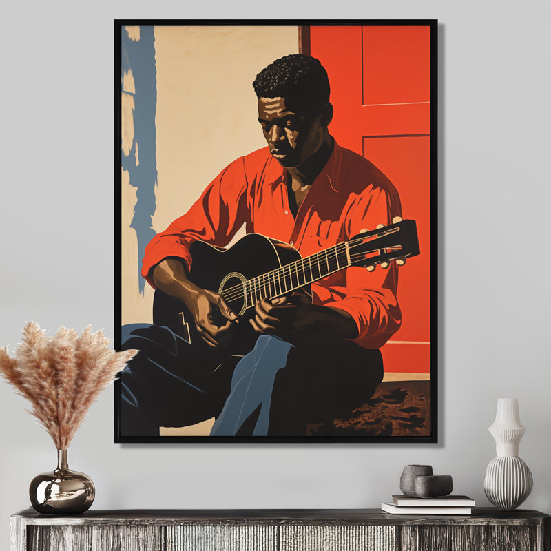 Jazz, joueur de guitare rétro - musicien mural, salon, Toile avec cadre flottant noir, H 20 po x l 12 po x P 1 po