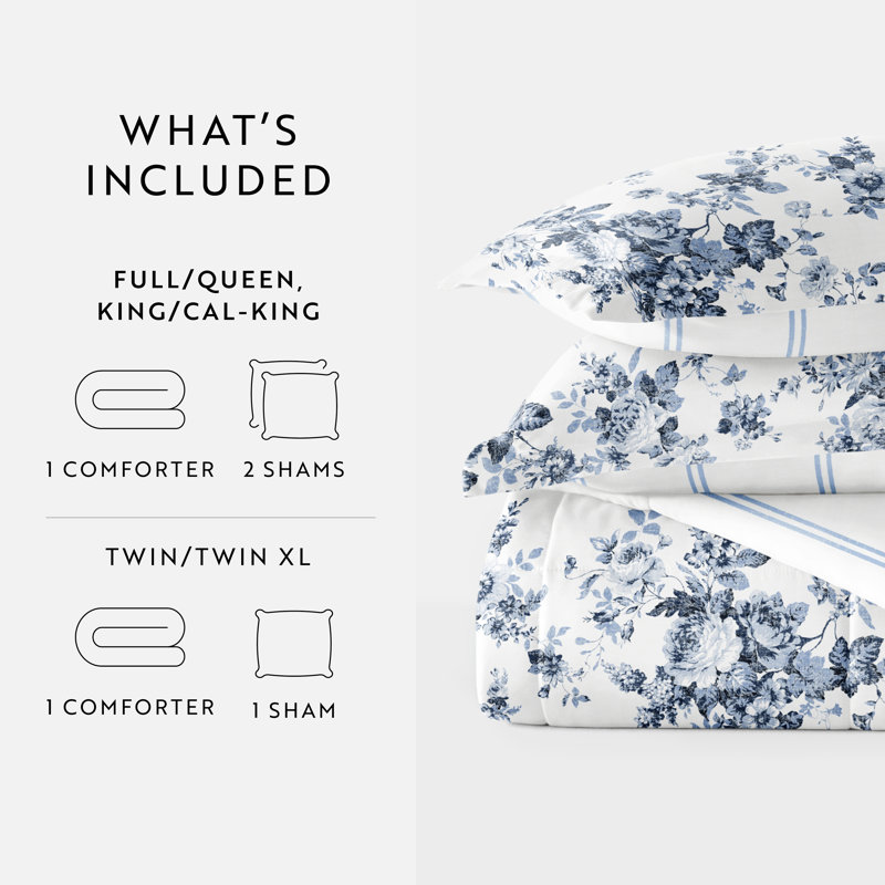 Blue Floral Reversible Down Alternative Comforter Set, Full