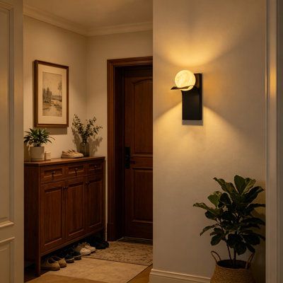 Applique murale moderne noire transitionnelle avec abat-jour globe en flocon de neige naturel pour chambre à coucher, meuble-lavabo, salon, couloir