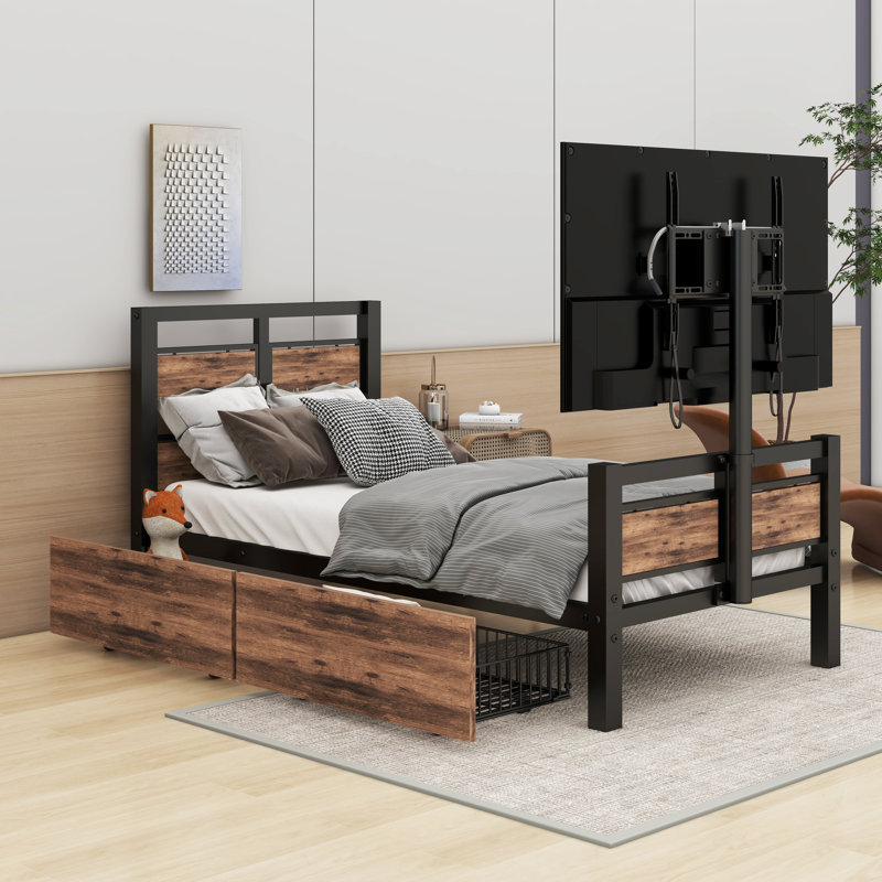 Selia Twin Size Metal Platform Bed with Two Storage Drawers and Rotatable TV Stand, Black/Brown