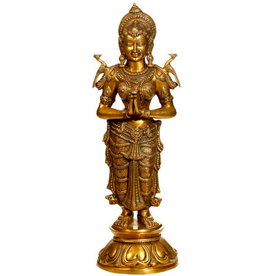 30" Solid Brass Namaste Lady Statue | Large Welcoming Floor Figurine for Entryway & Hospitality Decor
