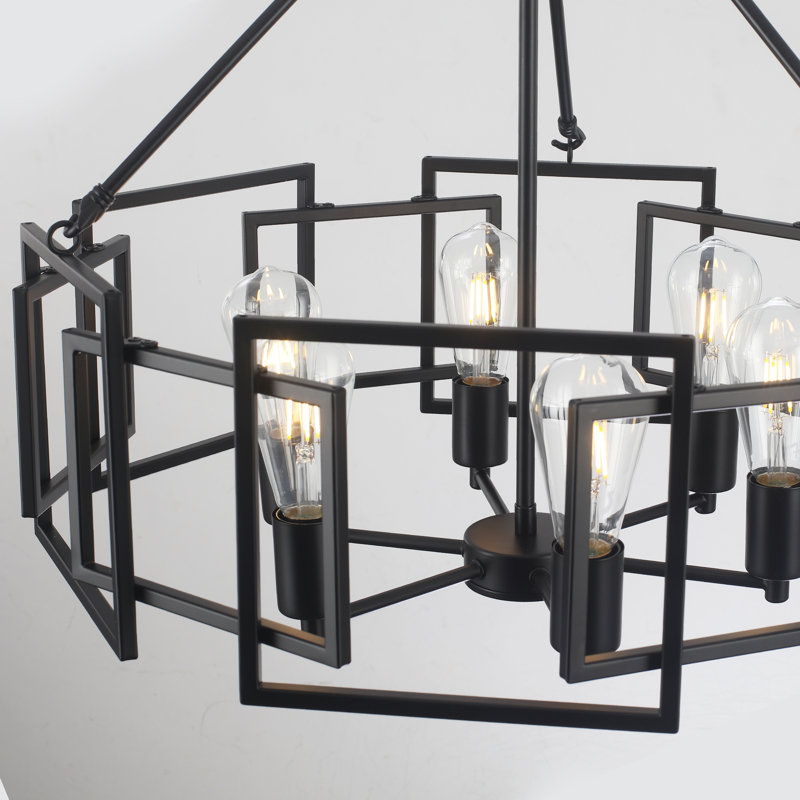 Grand lustre géométrique en métal industriel à 6 lumières de 24,02 po pour le salon et la cuisine, Noir mat