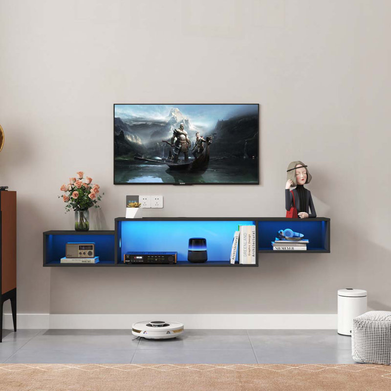 Mounted Floating Bookshelf with LEDs and Charging Station, Black