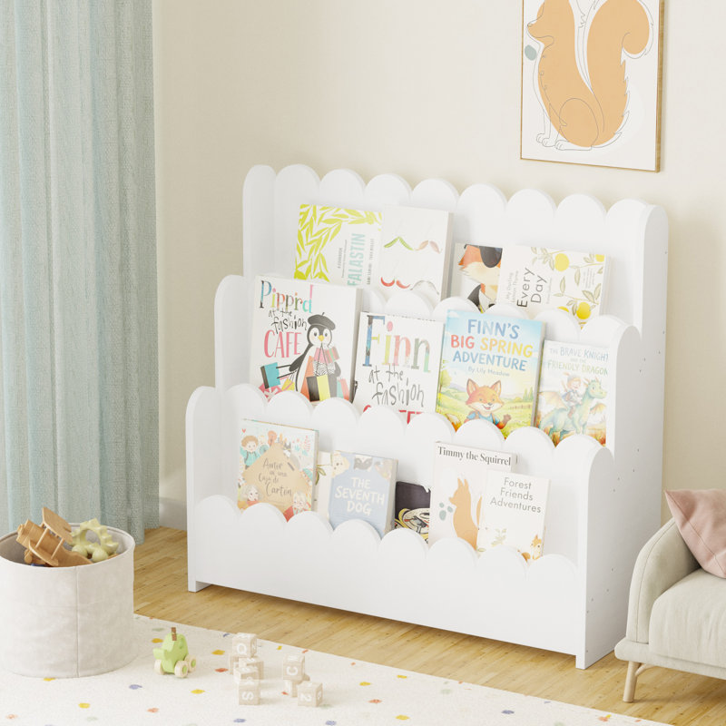 3-Tier Scalloped Bookshelf, Montessori Toddler Bookcase, Wooden Kids Book Shelf Organizer for Nursery, Playroom & Classroom