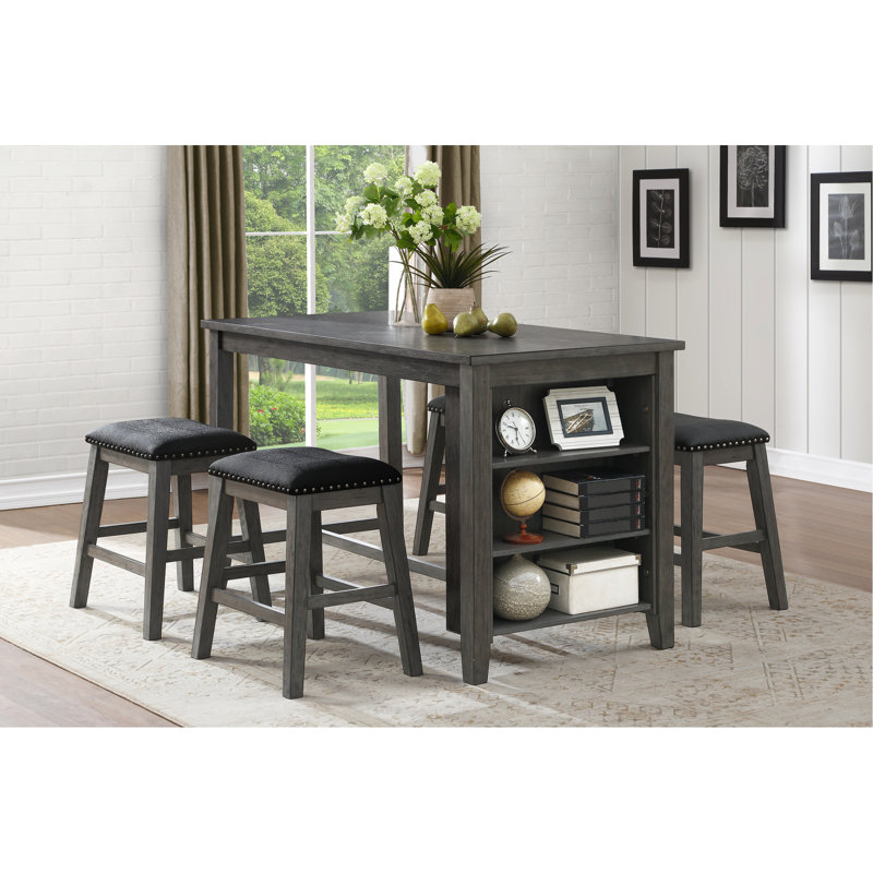 Table de salle à manger à hauteur de comptoir grise avec 4 tabourets - table rectangulaire en bois 5 pièces et tabouret en similicuir noir