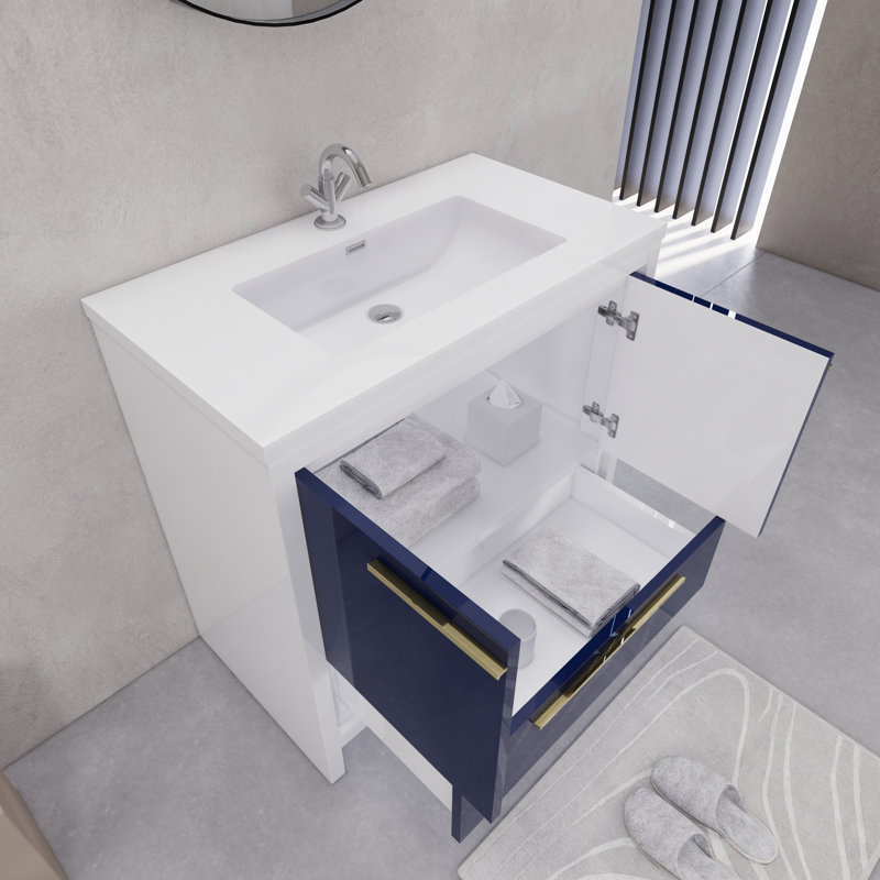 Ensemble de meuble-lavabo simple 35,5 ", Blanc brillant / bleu