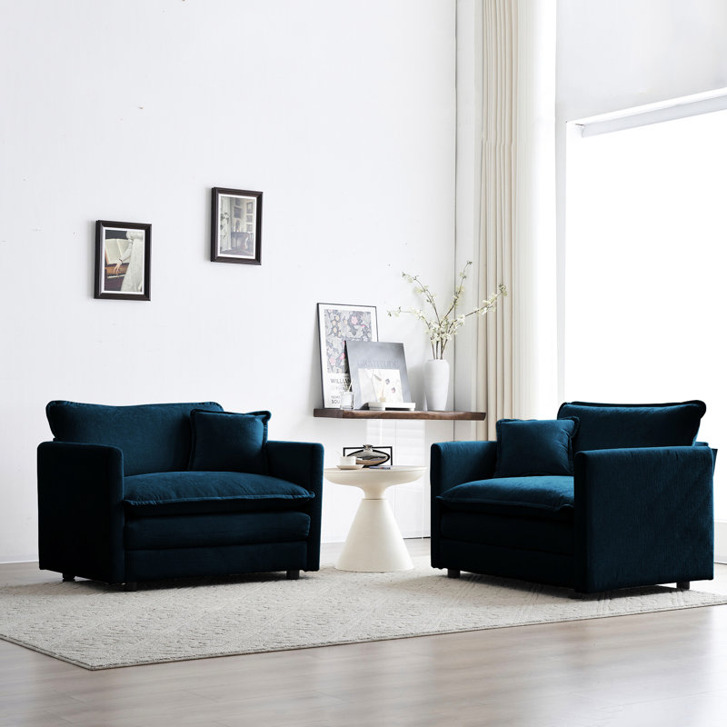 Chaise haute d'appoint en chenille haute, fauteuils bleus pour le salon, avec coussin et structure en bois massif, paire de 2 éponges rembourrées de qualité rembourrée, style pièce