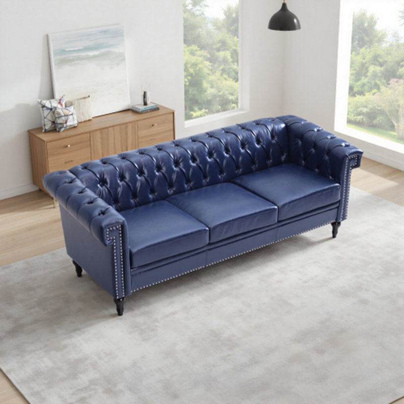 Brantice en cuir de polyuréthane avec décoration capitonnée et cloutée à boutons, H 29 po x l 84 po x P 32,5 po, Blue 1, Noir