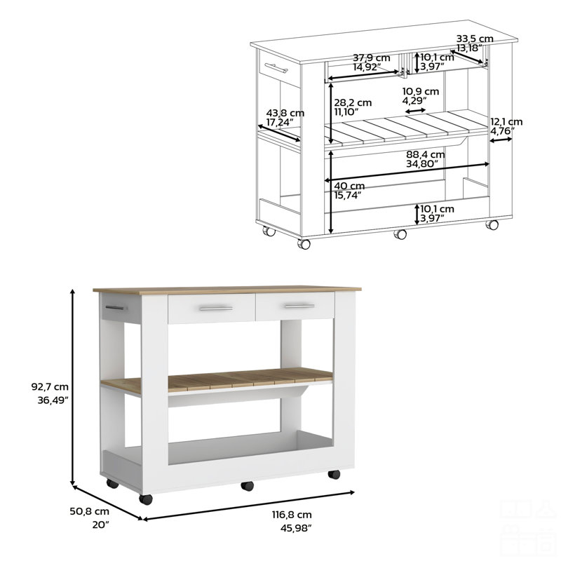 Kitchen Island 46 Inches, Two Drawers