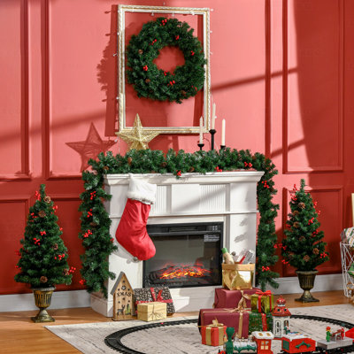 Ensemble de décoration de Noël 4 pièces pré-éclairé, guirlande, couronne et 2 arbres d'entrée, lumières DEL blanc chaud, baies rouges, pommes de pin