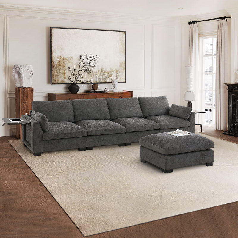 Chenille Modular Sectional Sofa With Ottoman, Armrest Folding Table & Usb Ports, Side Storage Pocket, Charcoal Chenille