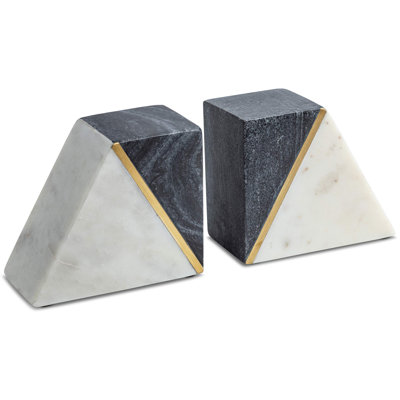 Serre-livres en marbre pour tablettes, serre-livres décoratifs pour livres lourds, serre-livres gris et blanc de style Mid-Century uniques avec incrustation de laiton, bouchon de bibliothèque robuste, ensemble de 2