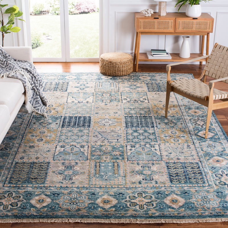 Tapis bleu / beige en laine / coton noué à la main, Rectangle 9 pi x 12 pi