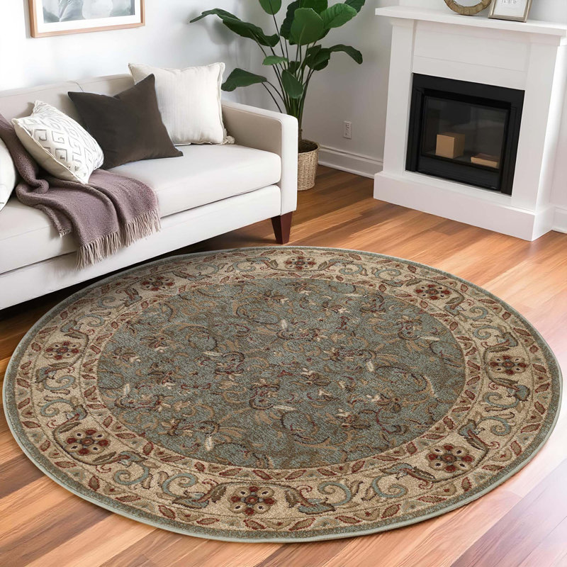 Tapis d'intérieur vert à motif floral et à volute de style oriental traditionnel, Rond 5 pi