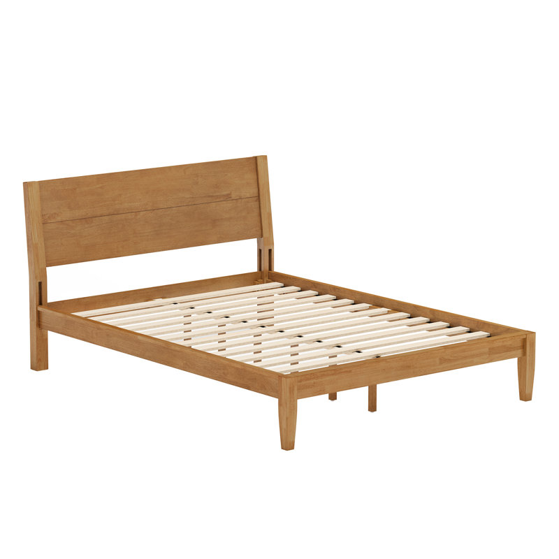 Mid-Century Modern Design Solid Rubberwood Bed Frame, No-Tool Quick Assembly Mortise And Tenon Structure, Dark Wood, Queen