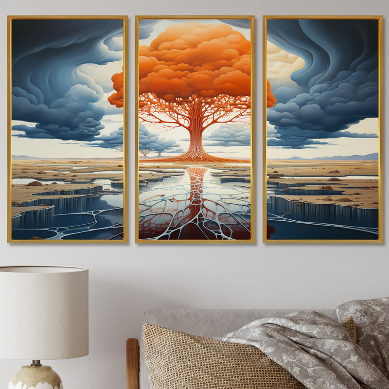 Majestic Orange Tree Of Life - Tree Wall Art Living Room Set, Gold Floater Framed, 40" H x 60" W x 1" D